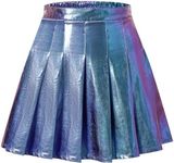 SANGTREE Women's Pleated Mini Skirt with Comfy Casual Stretchy Band Skater Skirt, US XS - US 4XL, Holographic Blue, Small