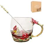 Enamels Butterfly Flower Glass Tea Cup, Red Rose Coffee Mugs with Spoon, Unique Gift for Women Wife Her Teacher Grandma Friends, Birthday Present for Valentines Mothers Day Graduation(Red-Short)