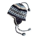 Hand Knit Sherpa Hat with Micro Fleece Lining and Eclectic Patterns, Handmade Winter Toque, Christmas Beanie, Made in Nepal, Navy, Light Blue & Grey, One Size-Large