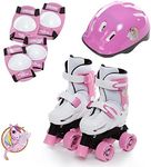 Sk8 Zone Girls Unicorn Design Pink White Quad Skates Kids Padded Roller Boots Childrens Safety Pads Helmet Skate Set Adjustable Size 9-12