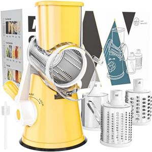 Cambom Cheese Grater 3 Multi Blade Cheese Shredder Manual Rotary Cheese Grater Vegetable Slicer with Non-slip Suction Base Vegetable Shredder & Nuts Grinder With Brush Yellow, OKC315Y