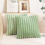 Uhomy Set of 2 Faux Fur Home Decorative Throw Pillow Cover Luxury Super Soft Fuzzy Striped Furry Pillowcase for Sofa Couch Bedroom Comfy Thick Fluffy Plush Cushion Cover 18x18 Inch Sage Green 45 cm