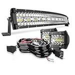 32" LED Light Bar Curved T-Former Triple Row 585W Flood Spot Combo Beam Off Road Lights 2pc 4inch 60W Spot Driving Fog Lights with Rocker Switch Harness Wiring for Trucks ATV UTV Jeep Boat Pickup