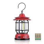 GEMEK Portable Retro Camping Lantern, Hanging Dimmable COB Brightness Tent Light for Camping, Party, Night Fishing, Hiking, Home Lighting, Outages Emergency (AA Battery Powered, Red)