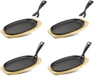 DVK 4 Set Cast Iron Skillet Sizzling Plate With Wooden Base Fajita Skillet With Removable Handle For Home Barbeque Kitchen Service