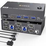 8K HDMI KVM Switch 2 Computers 2 Monitors 8K@60Hz 4K@144Hz, USB 3.0 Dual Monitor KVM Switcher for 2PCs Share 2 Monitors and 4 USB 3.0 Hub, With Wired Remote, 12 V Power Adapter, USB Cable included