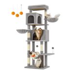 Feandrea Large Cat Tree, 175 cm Tall Cat Tower, Multi-Level Cat Condo with 2 Caves, 2 Baskets, 5 Scratching Posts, Self-Groomer, Perch, Hammock, for Indoor Cats, Dove Grey PCT182G01