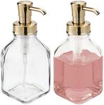 mDesign Square Glass Refillable Liquid Soap Dispenser Pump Bottle for Bathroom Vanity Countertop, Kitchen Sink - Holds Hand Soap, Dish Soap, Hand Sanitizer, Essential Oils - 2 Pack - Clear/Soft Brass