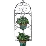 Gardenesque Black Metal Wall Mounted Planter, Decorative Scroll Design Two Plant Pot Holder, Perfect Outdoor Garden Gift - H70 x W29 x D16 cm