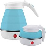 RENESMEE Travel Folding Electric Kettle, Fast Boiling, Portable Electric Kettle, 600ml Boil Dry Protection, 100-240V Food Grade Silicone Foldable Kettle (White, Blue), 600 watts