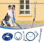 Dog Runner for Yard,Double Shock Absorption Dog Trolley System for Large Dogs,Heavy Duty 50FT Dog Tie Out Run Cable with 10FT Dog Leads,for Dogs Up to 250LBS,Aerial Dog Zipline for Outside,Camping