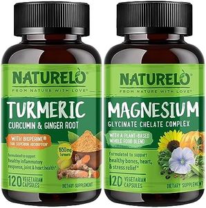 NATURELO Tumeric Curcumin, Plant Based Joint Support, Magnesium Glycinate, 200 mg Magnesium - Gluten Free, Non GMO - 120 Capsules