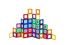 Playmags 36 Pcs Magnetic Tiles Building Set - Magnetic Tiles For Kids Includes 18 - Stronger Magnets Clear Color Magnet Windows -18 Letters & Numbers – Stimulate Creativity & Development