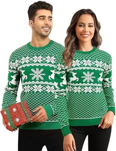 LecGee Matching Christmas Sweater Reindeer Snowflakes Print Ugly Sweater Long Sleeve Pullover Top Green