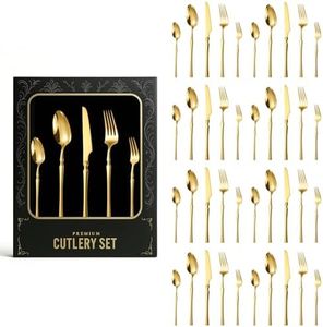 aDai Mirror Finish 40-Piece Korean Vintage Style Flatware Set with Gift Box | Dishwasher Safe Stainless Steel Cutlery for Home, Restaurant & Gifting (Gold)