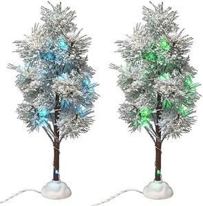 BANBERRY DESIGNS LED Lighted Frosted Tabletop Christmas Tree - Set of 2 - Snow Flocked Xmas Decoration - Artificial Craft and Village Accessory - White - Stands Approximately 9.25" H x 4" W