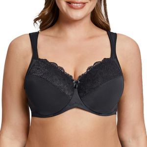 MELENECA Women's Full Coverage Underwire Bra Minimizer Plus Size Lace Comfortable Cushion Strap Black 38F