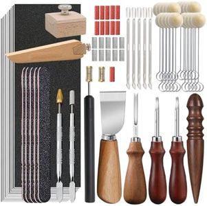 Kivisn 94 Pieces Leather Working Kit - Edge Tools with Paint Dye Rollers, Bevelers, Burnisher, Sandpaper, Professional Accessories for Leather Edge Skiving, Burnishing, Dyeing, Painting and Sanding