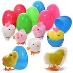 Prextex Easter Toy Eggs Filled with Wind-Up Rabbits and Chicks, Set of 8 Fluffy Coloured Easter Chicks for Easter Egg Hunt Kit with Kids, Party Bag Fillers, Easter Soft Toys Gifts