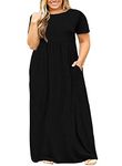 POSESHE Women Plus Size Short Sleeve Loose Plain Casual Long Maxi Dress with Pockets Black 3X-Large