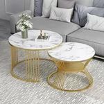 Right Choice Furnish Round Engineered Wood top Coffee Table Set of 2 Modren Nesting Table with Golden Round Stand for Living Room Table (White)