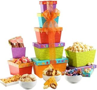 Broadway Basketeers Food Chocolate Gift Basket Tower for Birthdays – Curated Snack Box, Sweet and Savory Treats for Parties, Best Wishes, Birthday Presents for Women, Men, Mom, Dad, Her, Him, Families