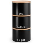 EHC Tea, Coffee, Sugar, Canister Set, Set of 3 Stackable Airtight Food Storage Easy to Open Storage Cansiters Jars Tin, Black