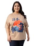 JUNEBERRY® 100% Pure Cotton Oversized Baggy Fit Cool Front Chest Graphic Printed Half Sleeve Plus Size T-Shirt for Women & Girls (PS_J_Nature_BG_5XL) Beige