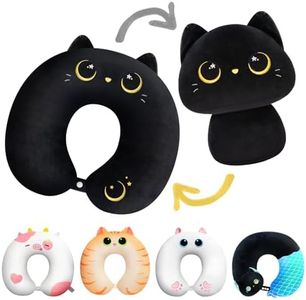Mewaii Kids Travel Pillow, Cute Black Cat Stuffed Animal Plush, Cartoon Neck Pillow for Kids & Adults, Reversible Plush Squishy 2-in-1 Plush Toys for Airplane, Car, Train (13 Inches)