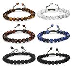 FUNRUN JEWELRY 6PCS Bead Bracelets for Men Women Natural Stone Mala Bracelet, 8.5 inch, Stainless Steel