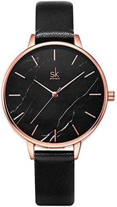Alienwork Reloj Mujer Oro Rosa Pulsera de Cuero Negro Ultra-Delgada Elegante
