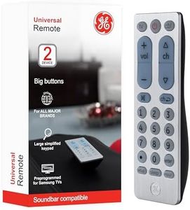 GE Big Button Universal Remote Control for Samsung, Vizio, Lg, Sony, Sharp, Roku, Apple TV, RCA, Panasonic, Smart TVs, Streaming Players, Blu-Ray, DVD, 2-Device, Silver, 33701