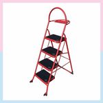 Familia Premium Steel Anti Slip Foldable 4-Step Ladder for Home with Wheels Heavy Duty, Anti-Fold Locks, Support Handle and Tool Tray, Strong Wide Anti Skid Matt Step (4 Step, Red)