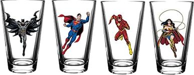 DC Comics Justice League Pint Glass Set - 16 oz. Capacity - Set of 4 Pint Glasses - Superman, Batman, Wonder Woman, Flash, Clear