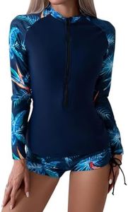 MAIABLEAU Women 2 Piece Rash Guard Long Sleeve Swimsuit Sets Swim Shirt with Boyshort Bathing Suits Blue Leaves 2XL