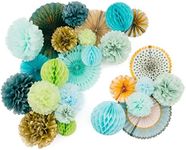 PapaKit Deluxe Origami Large Wall Decoration Set (Assorted Paper Fans & Pom-poms) Birthday Party Baby Shower Wedding Event Decor | Creative Art Design Pattern (Sage Green, Deluxe 26 Piece Set))