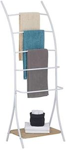 IDIMEX Porte-Serviettes sur Pied Edy Portant pour vêtements et Linge de salles de Bain avec 5 Barres de différentes hauteurs en métal laqué Blanc et 1 étagère en MDF décor chêne Sonoma