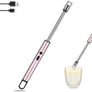 Electric Candle Lighter: USB Rechargeable Windproof Flameless with 360° Flexible Neck & LED Power Display Long Lighter for Women Men as Birthday Gifts, Rose Gold