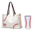 JIU HONG CHAO Oversize Baseball Tote Handbag Tumbler Cups with lids Baseball Mom gifts, White, X-Large (Pack of 1)