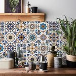 Moroccan Tile Stickers for Kitchen 24 pcs Bathroom Tile Stickers Self Adhesive Wall Tiles Stick On Wall Waterproof Oil-Proof Vintage Mosaic Art (15cm x 15cm, 6x6 inches) for Stairs (Blue Orange 2)