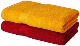 Amazon Brand - Solimo Cotton 2 Piece Bath Towel Set, 500 GSM (Spanish Red and Sunshine Yellow)