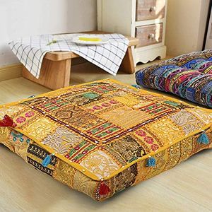 THE ART BOX Cotton Patchwork Vintage Boho Embroidered Floor Pillows & Cushion Cover Dog Pouf Seating Pouf Meditation Pillow Pet Bedding Cat Bed Boho Home Décor (35x35 Inches, Cover Only)