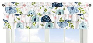 Sweet Jojo Designs Navy and Pink Watercolor Floral Window Treatment Valance - Blue, Blush, Green and White Shabby Chic Rose Flower Tiered Ruffles Ruffled