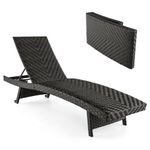 COSTWAY Folding Rattan Sun Lounger, 5 Positions Adjustable Garden Chaise Lounge Deck Sunbed, Outdoor Wicker Seaside Reclining Chair for Patio Balcony Beach and Poolside (with Built-in Cushion)