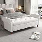 LUCKHAO 63" Upholstered Storage Ottoman for Bedroom End of Bed, Rolled Arm Tufted Window Bench Seat with Solid Wood Legs(Linen Fabric-White)