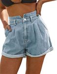 JASAMBAC Women's High Waisted Denim Shorts Juniors Pleated Stretchy Rolled Blue Jean Shorts Blue XXL