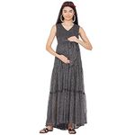 Mine4Nine Women's Maternity Floral Print Solid Black Color Maxi Baby Shower Dress/Soft Comfortable Nursing Dress with Front wrap for Post-Pregnancy-(MNDR15001-M)