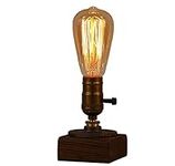 JINYU Weathered Wood Night Light Table Lamp Vintage Desk Lamp E26/E27 Edison Bulb Wooden Base Retro Industrial Steampunk Iron Pipe Flange Dimmable Nightlight for Bedroom Living Room Home Art Display