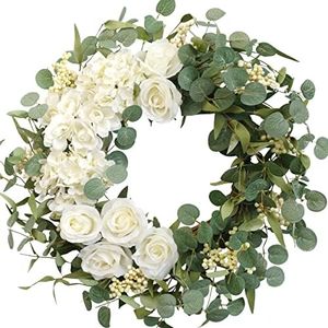 TEMPUS 20" Hydrangeas Spring Wreath for Front Door, Artificial Summer Green Wreaths with White Peony Flowers for Farmhouse Home Wedding Party Wall Windows Outdoor Decor（White）