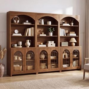 JINVICJIASI 70" Tall Arched Bookcases with Glass Doors, Set of 3, Brown